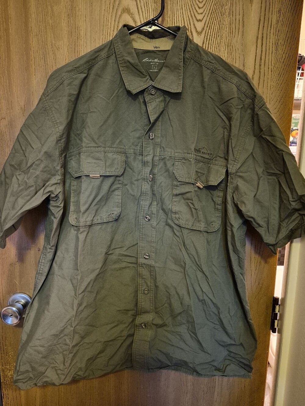 Eddie Bauer Olive Green Utility Shirt Expandable Pockets Hiking Camping Boho L